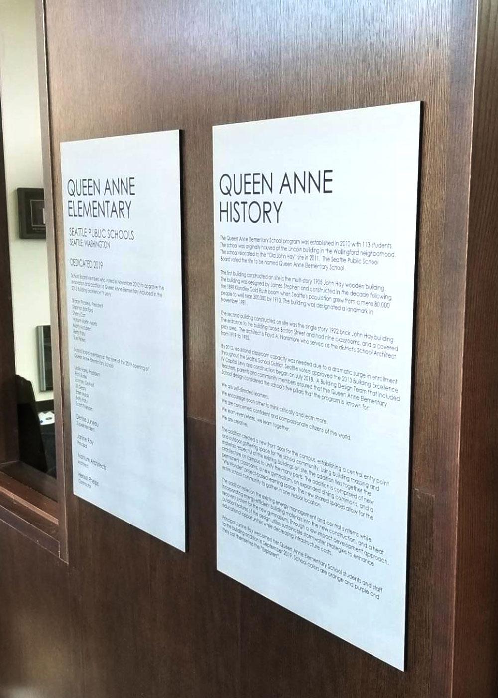 Stainless steel plaques were fabricated to celebrate the rich history of Queen Anne Elementary School.